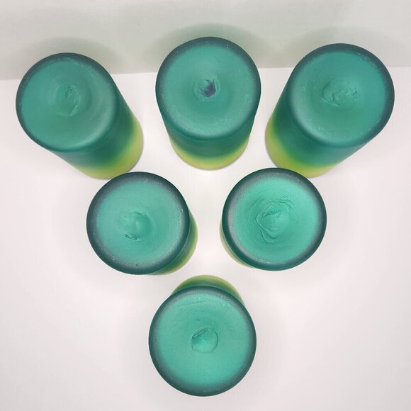 SET 6 HAND BLOWN MEXICAN GLASS TUMBLERS FROSTED YELLOW GREEN BLUE RIM - Picture 3 of 9
